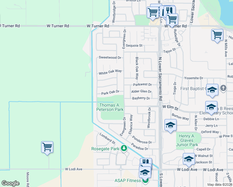 map of restaurants, bars, coffee shops, grocery stores, and more near 310 Cork Oak Way in Lodi