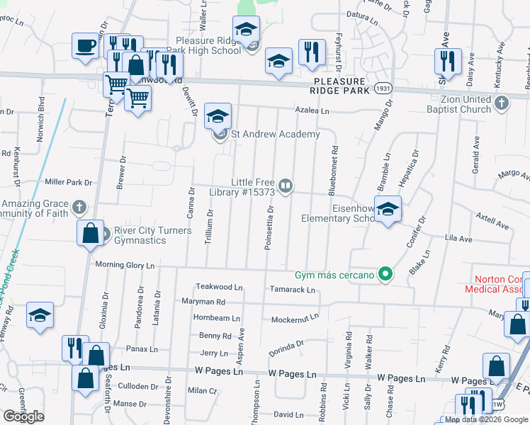 map of restaurants, bars, coffee shops, grocery stores, and more near 5802 Jessamine Lane in Louisville