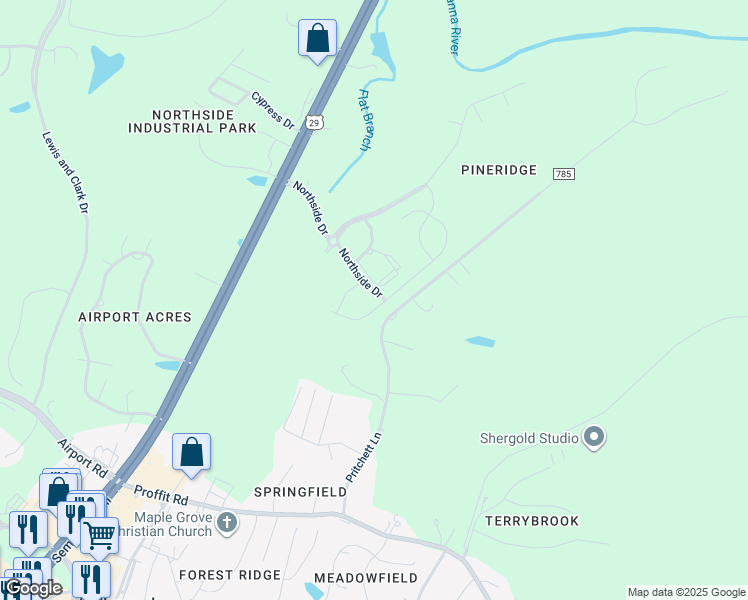 map of restaurants, bars, coffee shops, grocery stores, and more near Thicket Run Place in Hollymead