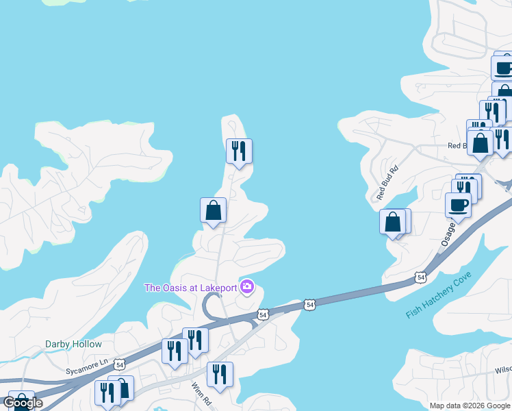 map of restaurants, bars, coffee shops, grocery stores, and more near 1184 Jeffries Road in Osage Beach