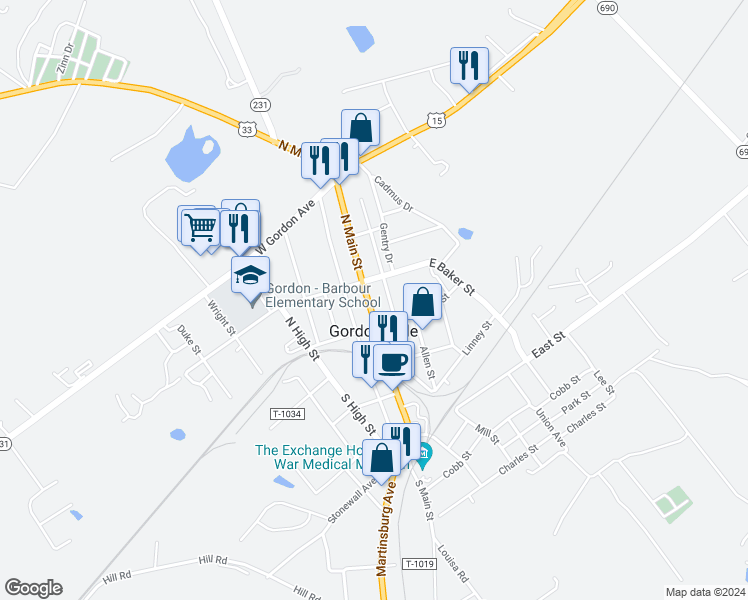 map of restaurants, bars, coffee shops, grocery stores, and more near 310 North Main Street in Gordonsville