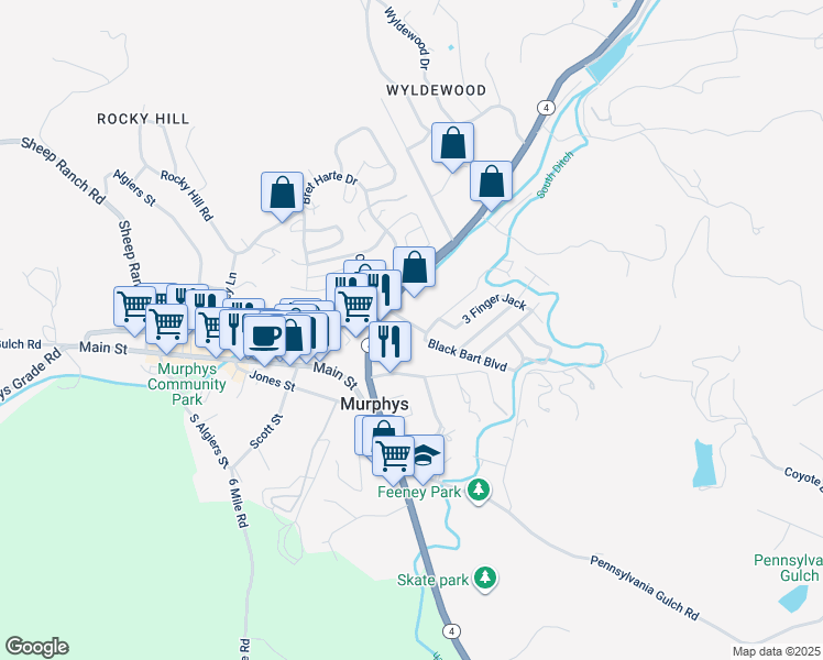 map of restaurants, bars, coffee shops, grocery stores, and more near 301 Tom Bell Road in Murphys