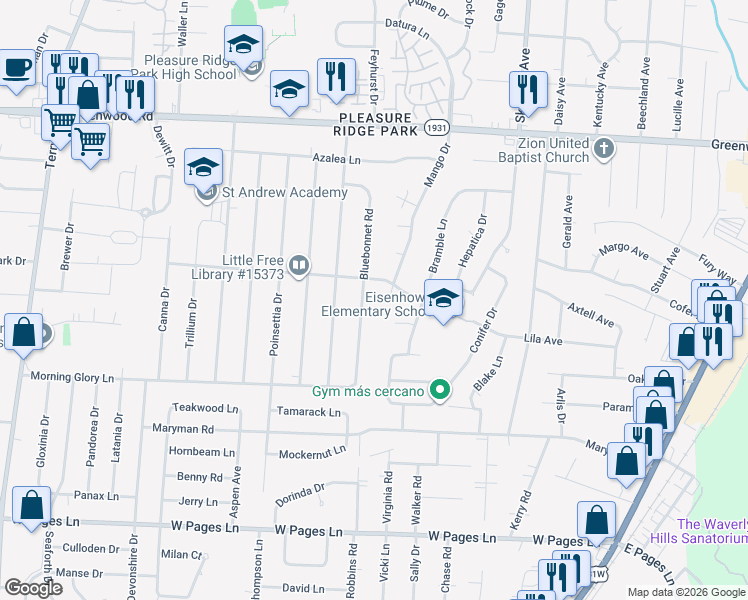 map of restaurants, bars, coffee shops, grocery stores, and more near in Louisville