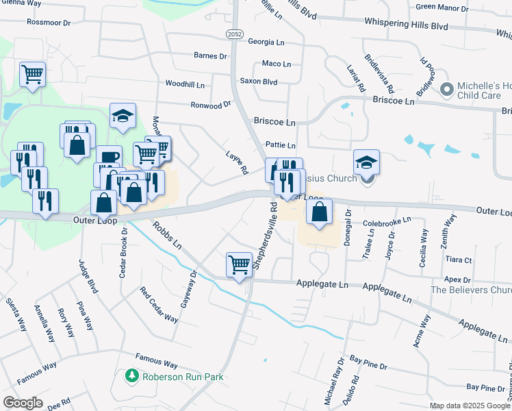 map of restaurants, bars, coffee shops, grocery stores, and more near 7703 Gayeway Drive in Louisville