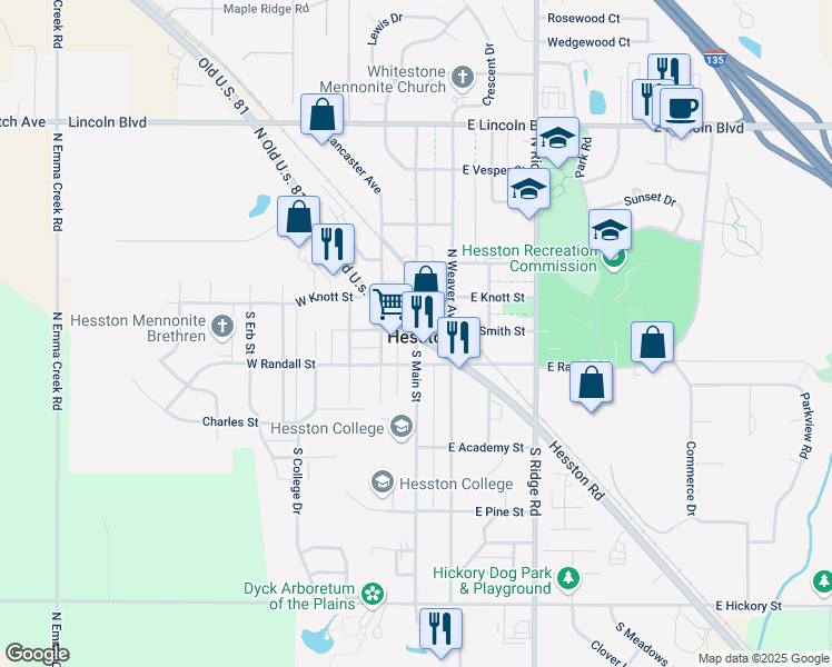 map of restaurants, bars, coffee shops, grocery stores, and more near 101 South Main Street in Hesston