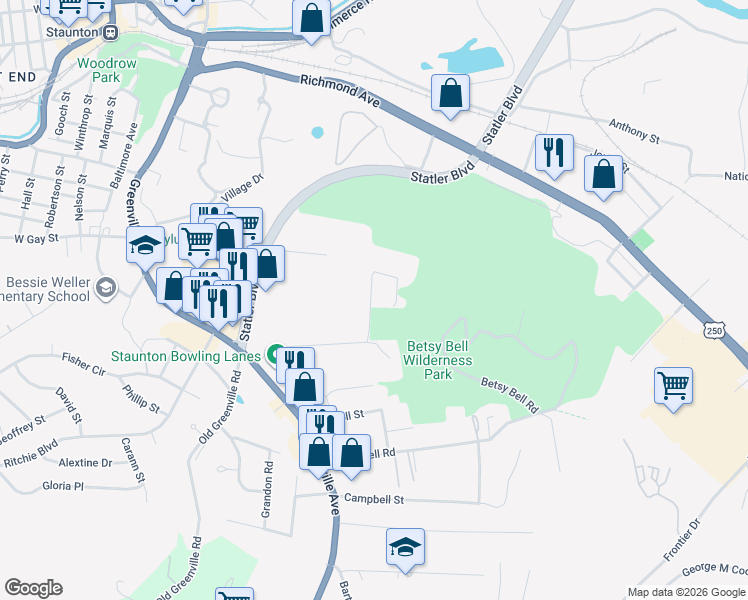 map of restaurants, bars, coffee shops, grocery stores, and more near 734 Amherst Rd in Staunton