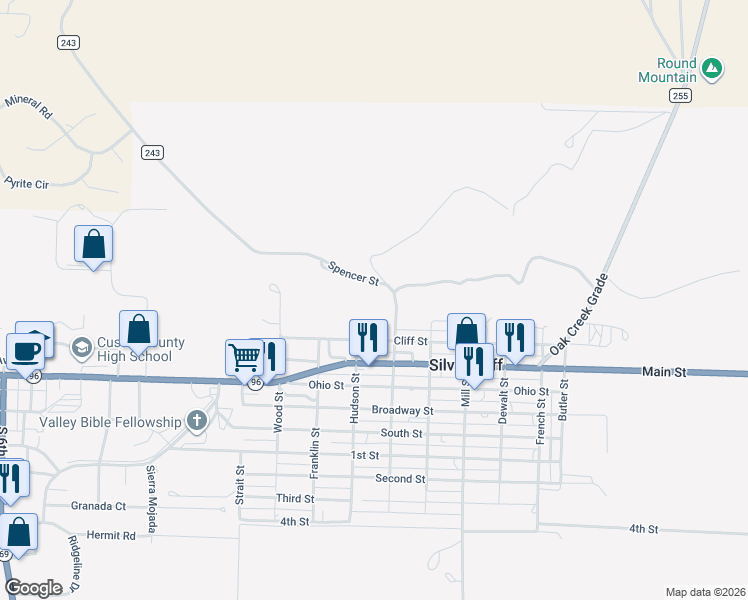 map of restaurants, bars, coffee shops, grocery stores, and more near 303 Spencer Street in Westcliffe