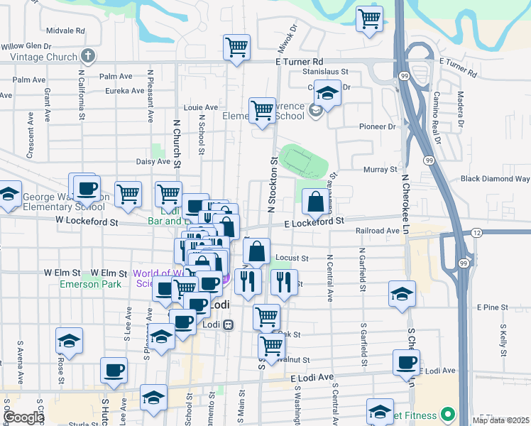 map of restaurants, bars, coffee shops, grocery stores, and more near 346 North Stockton Street in Lodi