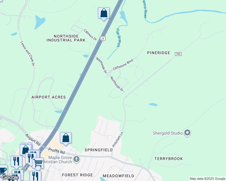 map of restaurants, bars, coffee shops, grocery stores, and more near 3628 Pritchett Lane in Charlottesville