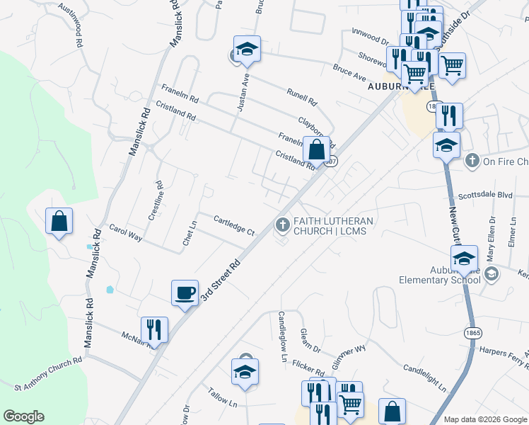 map of restaurants, bars, coffee shops, grocery stores, and more near 1108 Royal Gardens Court in Louisville