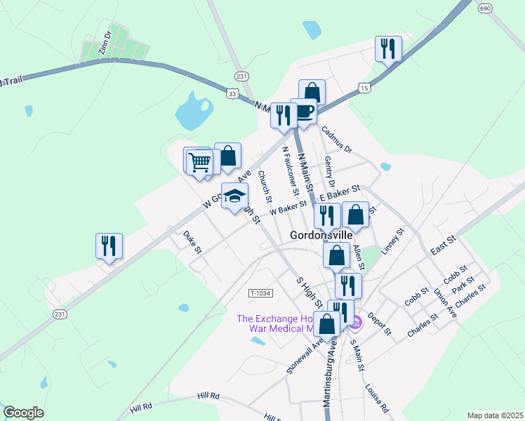 map of restaurants, bars, coffee shops, grocery stores, and more near 403 Church Street in Gordonsville