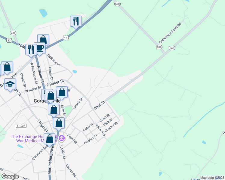 map of restaurants, bars, coffee shops, grocery stores, and more near 19284 Ashlawn Drive in Gordonsville