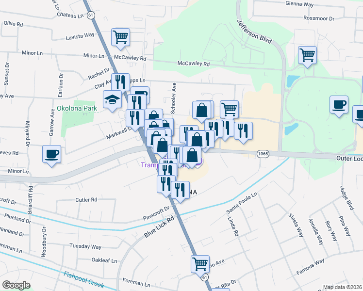 map of restaurants, bars, coffee shops, grocery stores, and more near 4207 Outer Loop in Louisville
