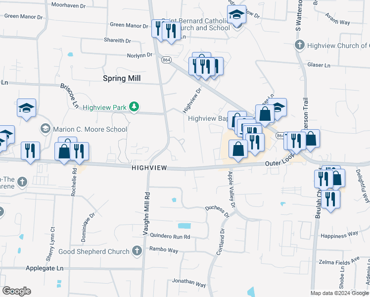 map of restaurants, bars, coffee shops, grocery stores, and more near 7301 Fox Hollow Way in Louisville