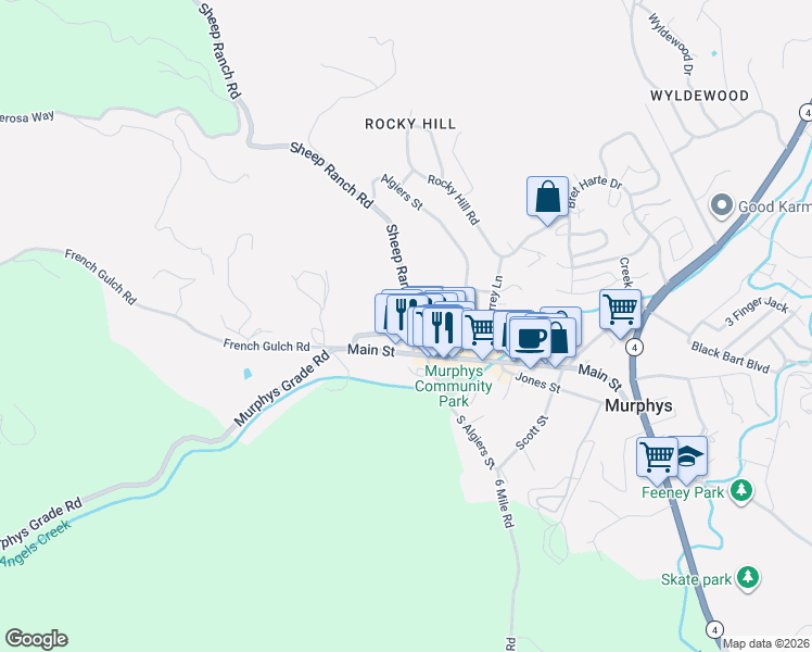 map of restaurants, bars, coffee shops, grocery stores, and more near 511 Algiers Street in Murphys