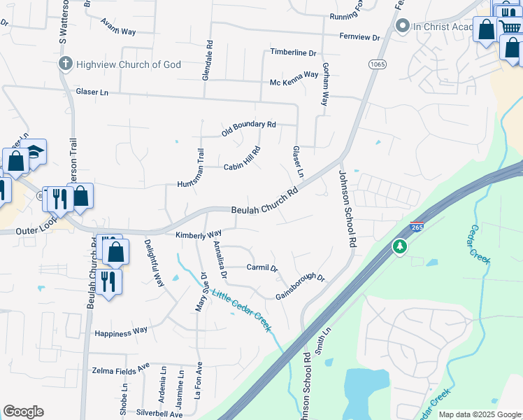 map of restaurants, bars, coffee shops, grocery stores, and more near Beulah Church Road in Louisville