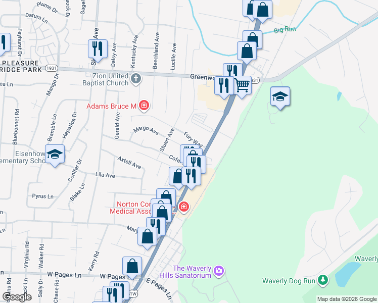 map of restaurants, bars, coffee shops, grocery stores, and more near 4708 Fury Way in Louisville