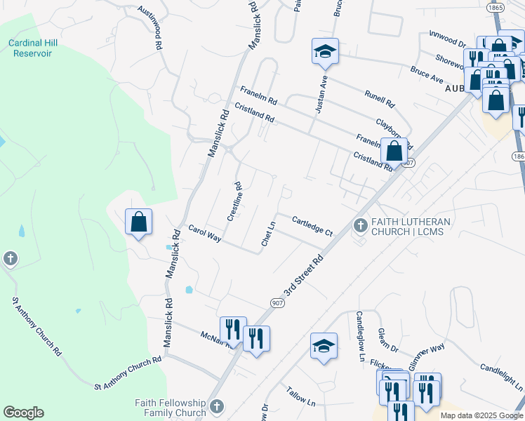 map of restaurants, bars, coffee shops, grocery stores, and more near 1401 Parkridge Parkway in Louisville