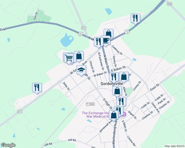 map of restaurants, bars, coffee shops, grocery stores, and more near 403 Church Street in Gordonsville