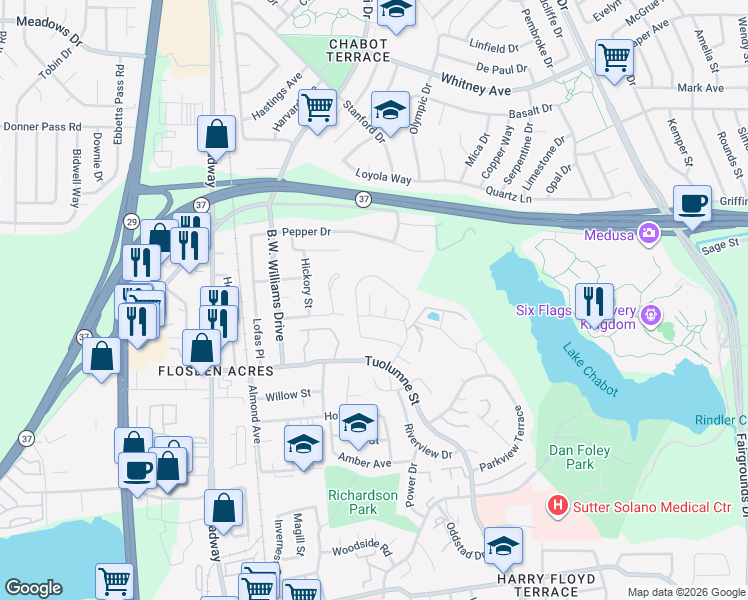 map of restaurants, bars, coffee shops, grocery stores, and more near 140 Persimmon Drive in Vallejo