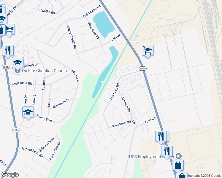 map of restaurants, bars, coffee shops, grocery stores, and more near 7306 Garrison Road in Louisville