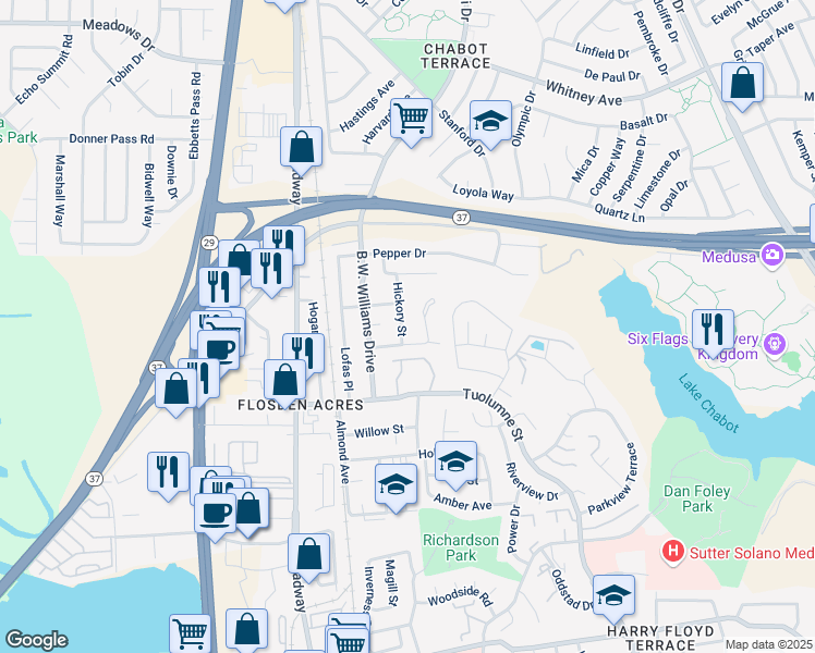 map of restaurants, bars, coffee shops, grocery stores, and more near 116 Hickory Street in Vallejo
