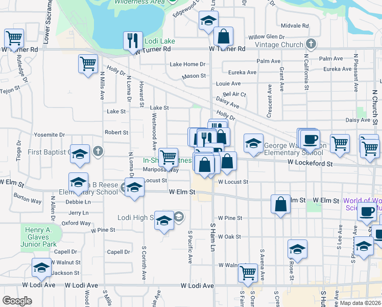 map of restaurants, bars, coffee shops, grocery stores, and more near 1381 West Lockeford Street in Lodi