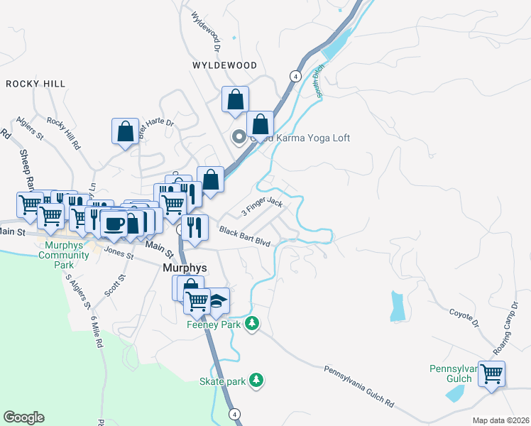 map of restaurants, bars, coffee shops, grocery stores, and more near 174 Sheet Iron Jack in Murphys