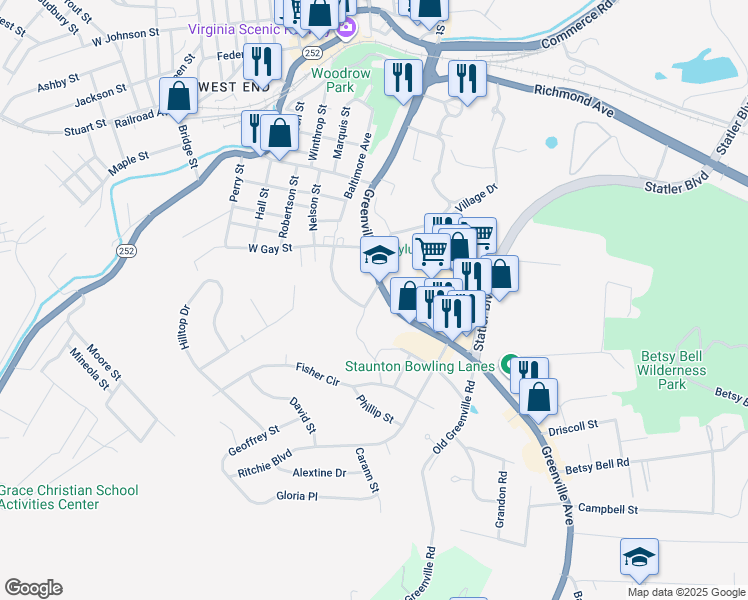 map of restaurants, bars, coffee shops, grocery stores, and more near 600 Greenville Avenue in Staunton