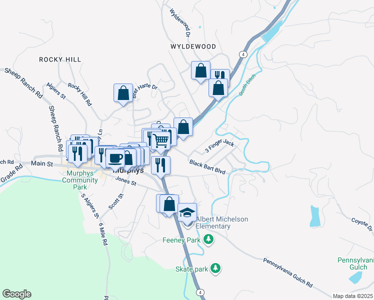 map of restaurants, bars, coffee shops, grocery stores, and more near 301 Tom Bell Road in Murphys