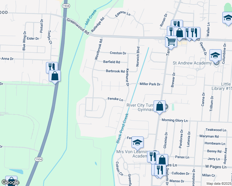 map of restaurants, bars, coffee shops, grocery stores, and more near 8004 Jennifer Ridge Place in Louisville