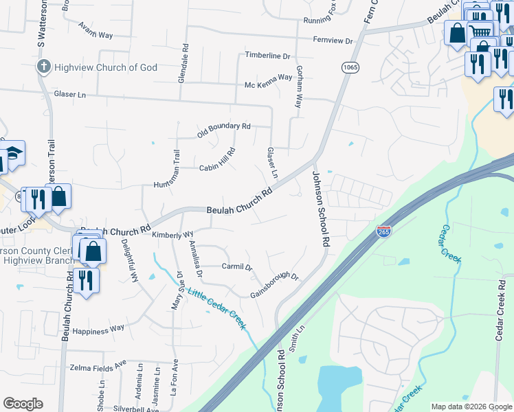 map of restaurants, bars, coffee shops, grocery stores, and more near 8600 Beulah Church Road in Louisville