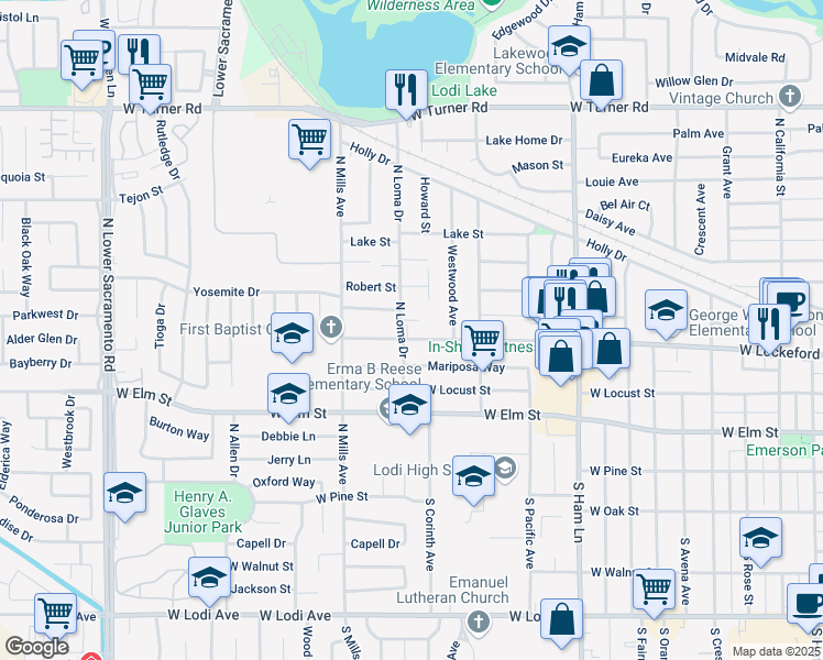 map of restaurants, bars, coffee shops, grocery stores, and more near 1665 West Lockeford Street in Lodi