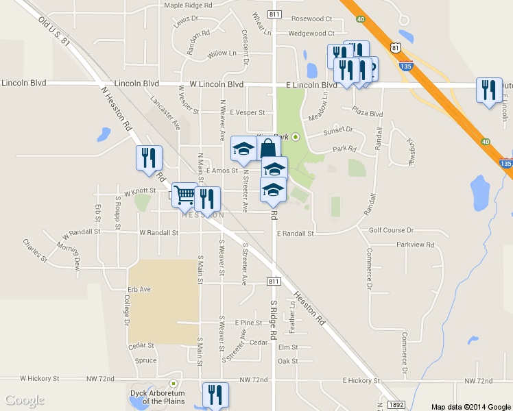 map of restaurants, bars, coffee shops, grocery stores, and more near 312 East Smith Street in Hesston