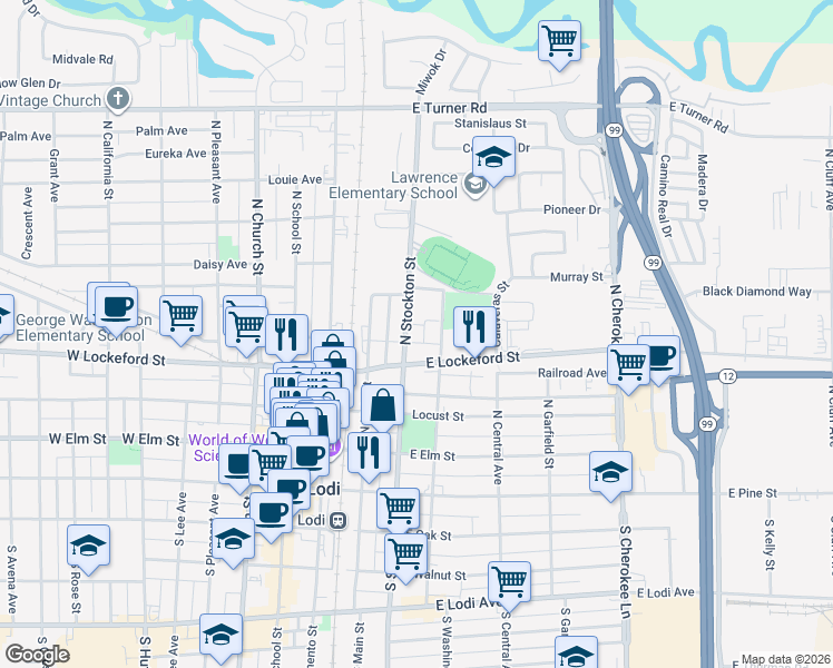 map of restaurants, bars, coffee shops, grocery stores, and more near 346 North Stockton Street in Lodi