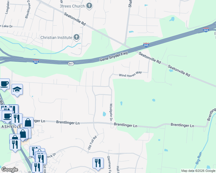 map of restaurants, bars, coffee shops, grocery stores, and more near 11315 Meadow Breeze Lane in Louisville