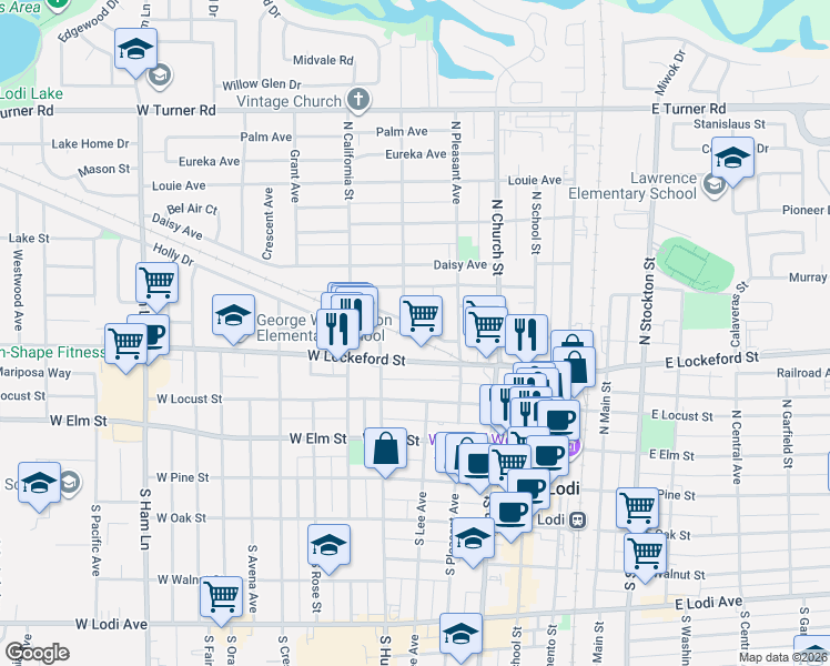 map of restaurants, bars, coffee shops, grocery stores, and more near 344 1st Street in Lodi
