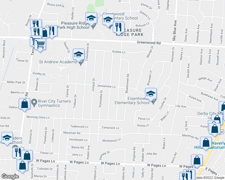 map of restaurants, bars, coffee shops, grocery stores, and more near 7901 Carnation Drive in Louisville