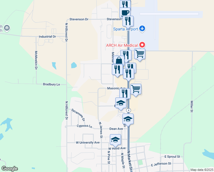 map of restaurants, bars, coffee shops, grocery stores, and more near 200 Mason Lane in Sparta