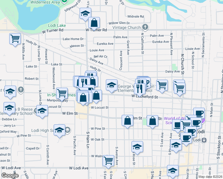 map of restaurants, bars, coffee shops, grocery stores, and more near 1015 West Lockeford Street in Lodi