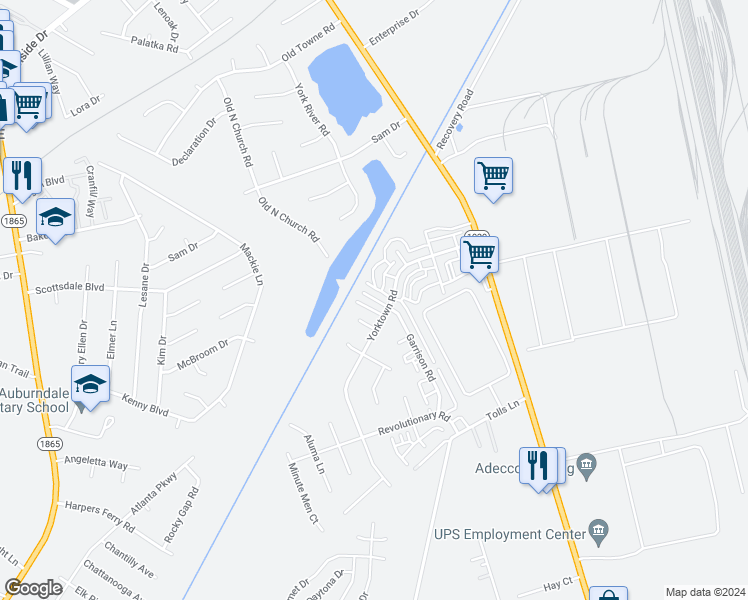 map of restaurants, bars, coffee shops, grocery stores, and more near 7302 Garrison Road in Louisville