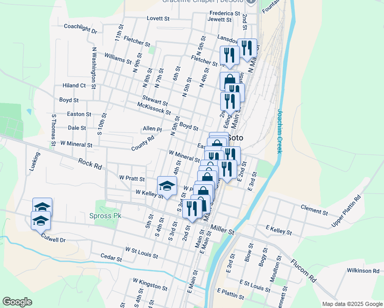map of restaurants, bars, coffee shops, grocery stores, and more near 300 West Mineral Street in De Soto