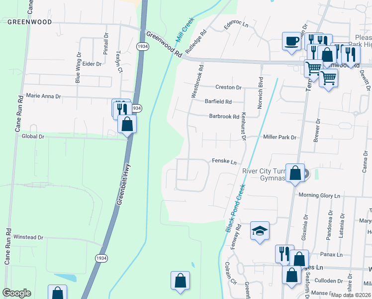 map of restaurants, bars, coffee shops, grocery stores, and more near 7822 Westbrook Road in Louisville