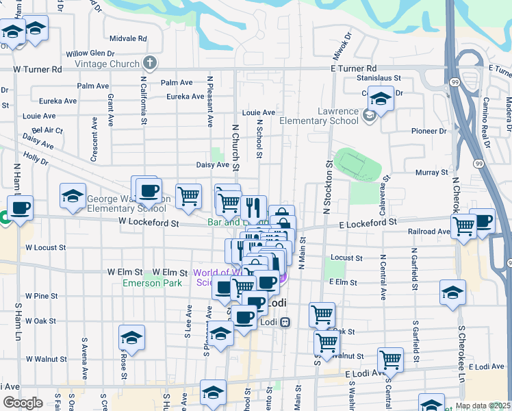 map of restaurants, bars, coffee shops, grocery stores, and more near 101 De Force Avenue in Lodi