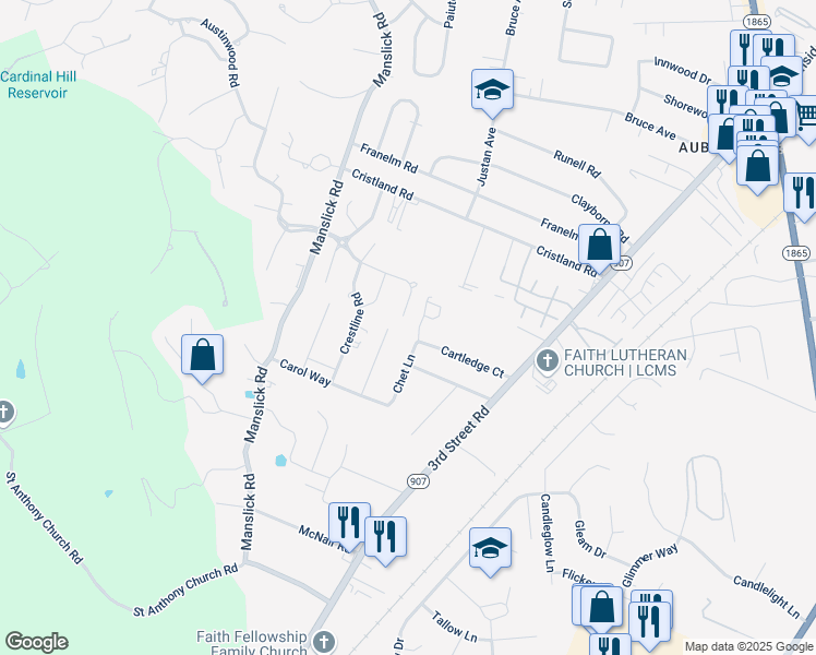 map of restaurants, bars, coffee shops, grocery stores, and more near 1401 Parkridge Parkway in Louisville