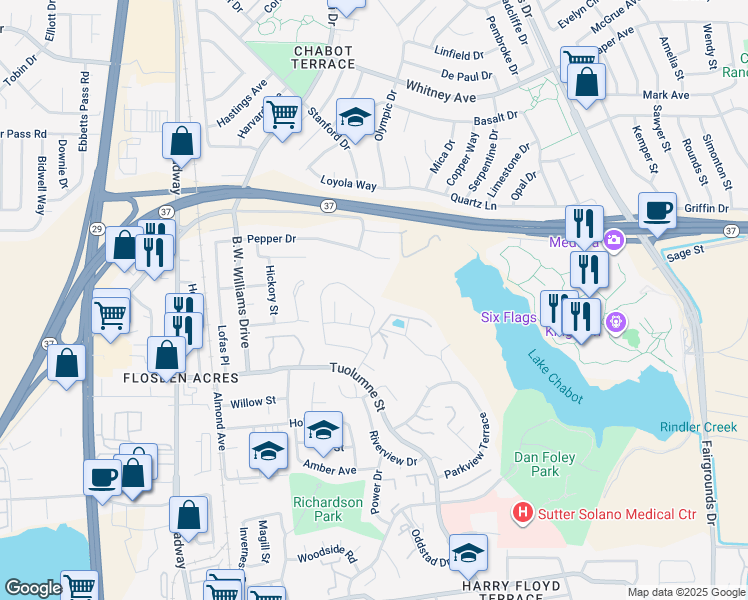 map of restaurants, bars, coffee shops, grocery stores, and more near 424 Phoenix Circle in Vallejo