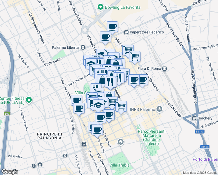 map of restaurants, bars, coffee shops, grocery stores, and more near 20 Via Ugo Foscolo in Palermo