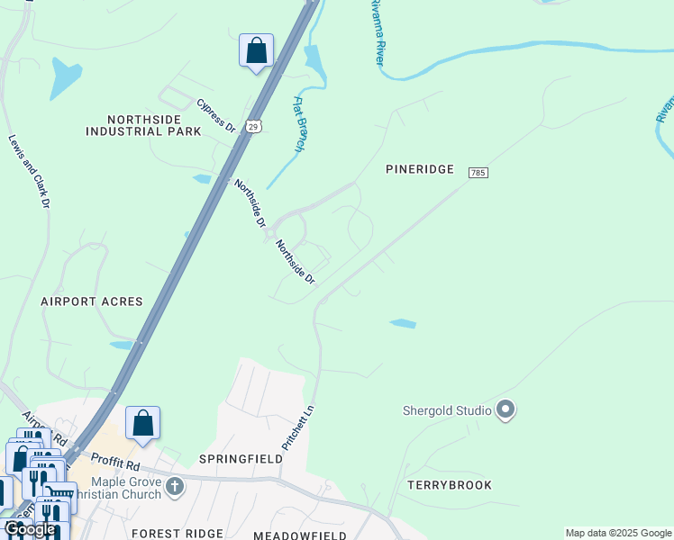 map of restaurants, bars, coffee shops, grocery stores, and more near Thicket Run Place in Hollymead