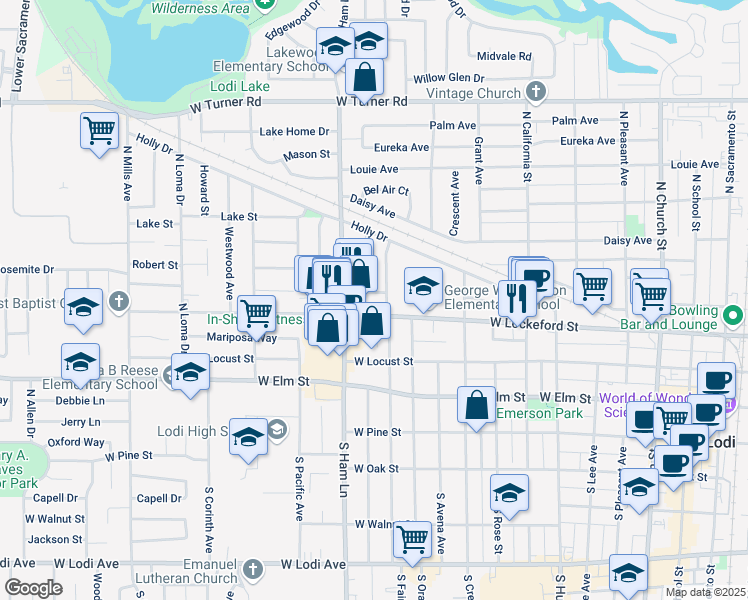 map of restaurants, bars, coffee shops, grocery stores, and more near 1110 Graffigna Avenue in Lodi
