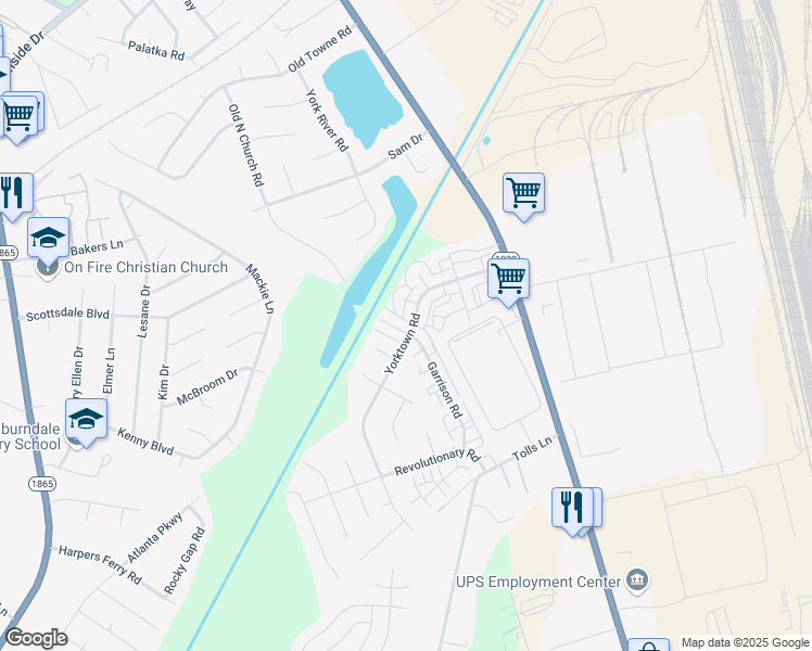 map of restaurants, bars, coffee shops, grocery stores, and more near 7309 Garrison Road in Louisville